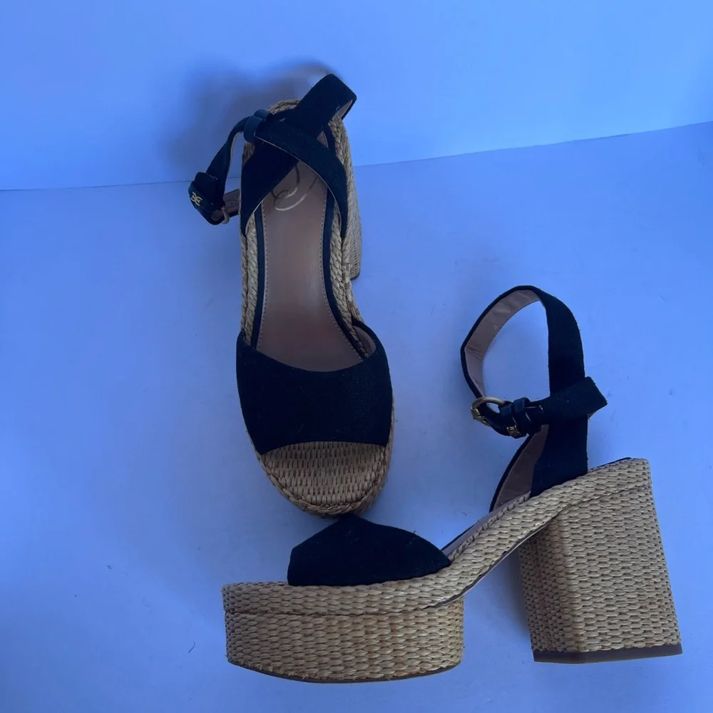 Sam Edelman Tan‎ Immie Black Woven Platform Ankle-Strap Heels